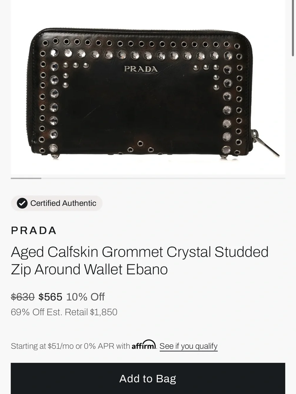 Prada Brown Leather Studded Zip Around Wallet with Silver Hardware